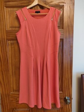 Spense Coral Sleeveless Fit-and-Flare Dress with Gold Zipper Accents